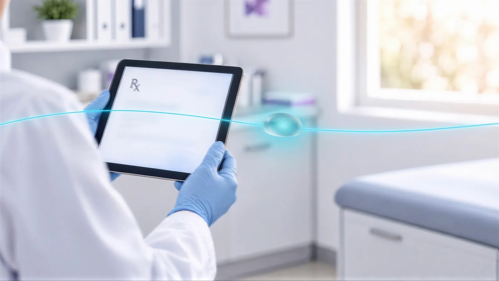 Gloved hands hold a tablet showing a prescription symbol
