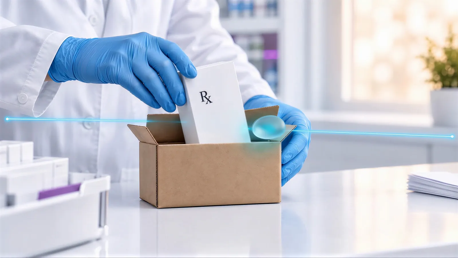 Gloved hands place a prescription carton into a shipping box