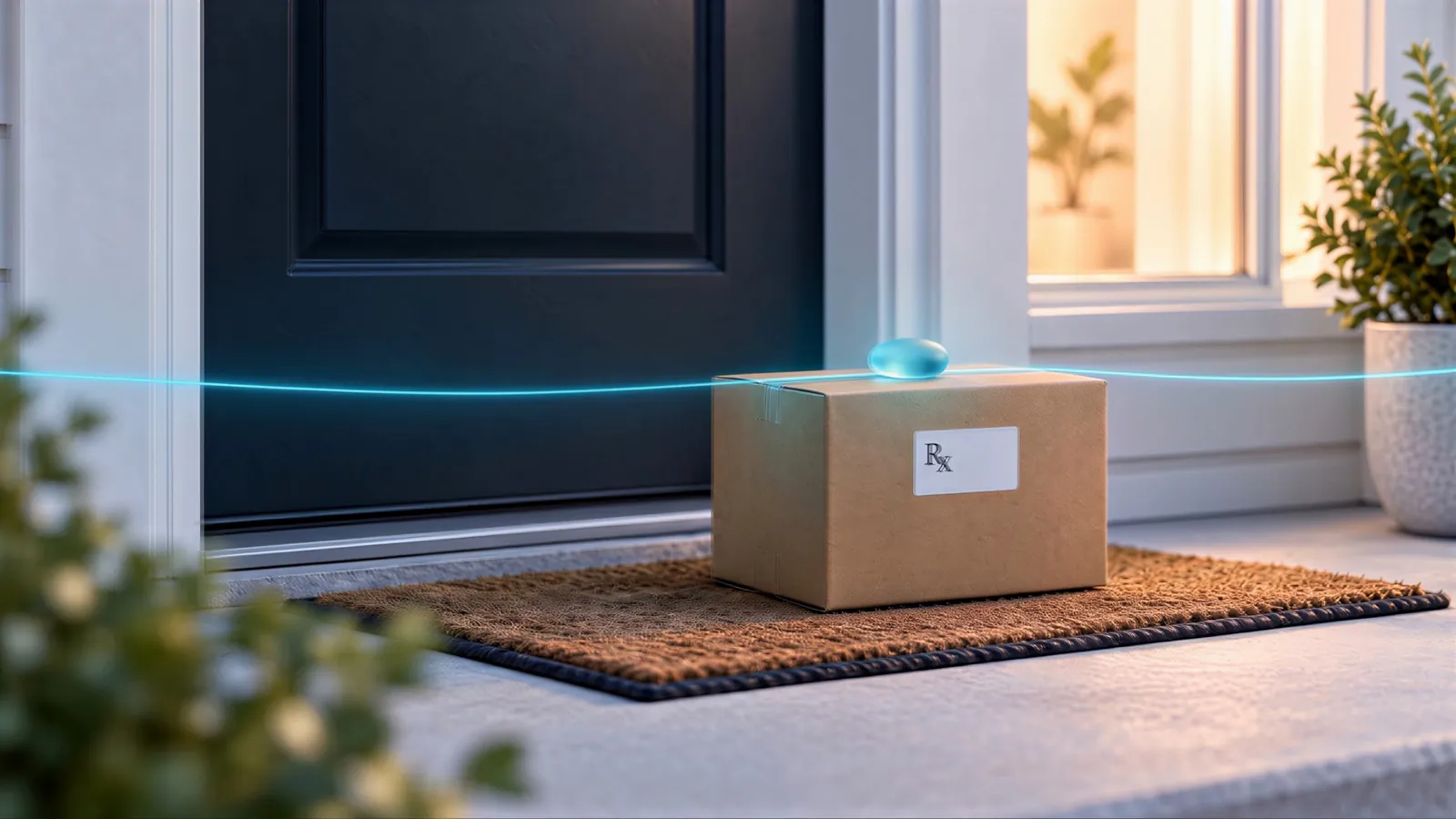 A sealed prescription box on a doormat by a front door