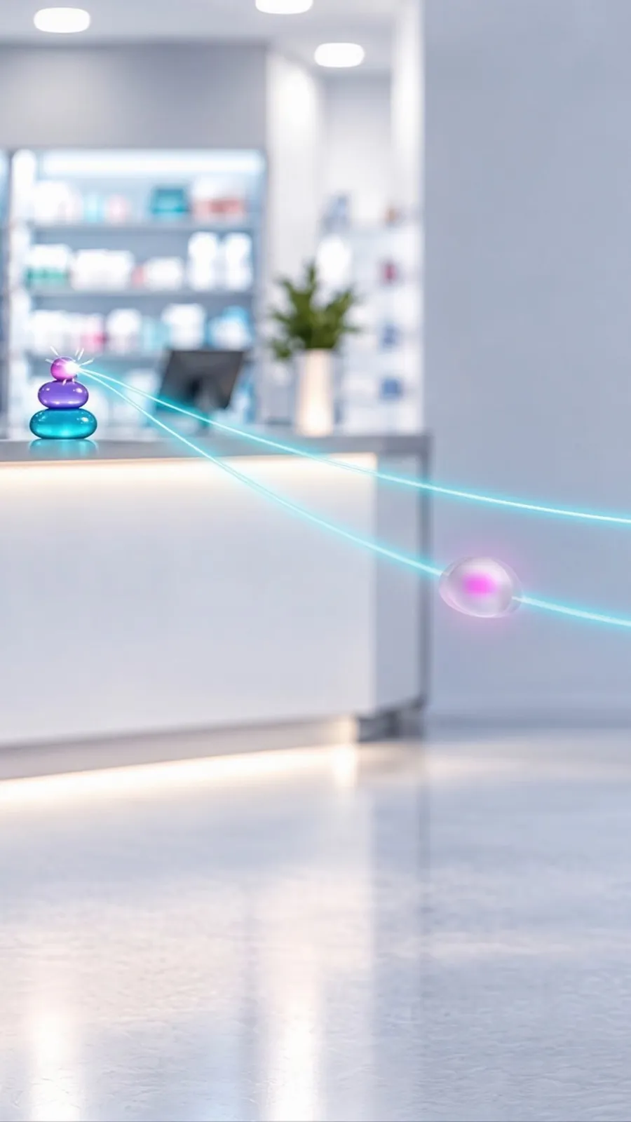 A teal thread runs back to the counter at SampliFi Pharmacy